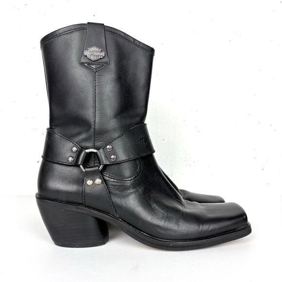 Harley Davidson Vintage Square Toe Harness Boots Cuban Heel Black Logo Size 8 - Picture 1 of 13